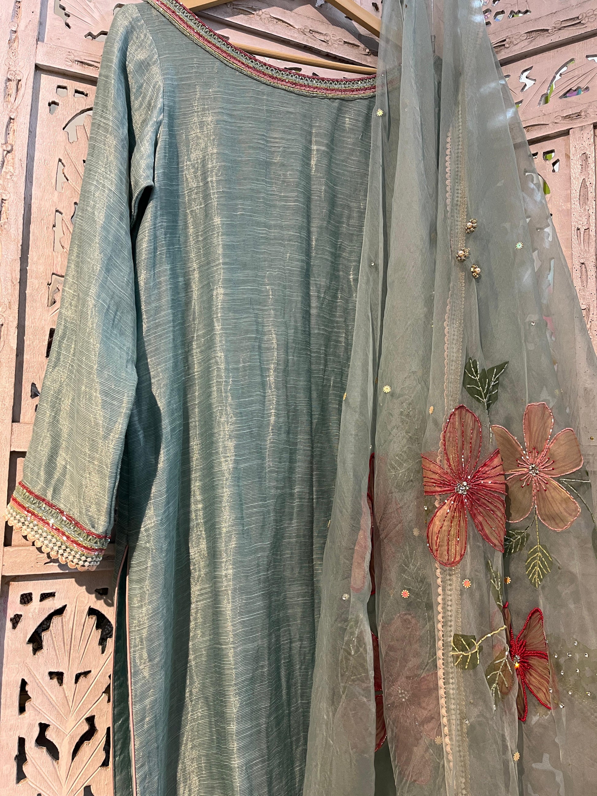Ice-blue hand painted pure silk suit with embroidery