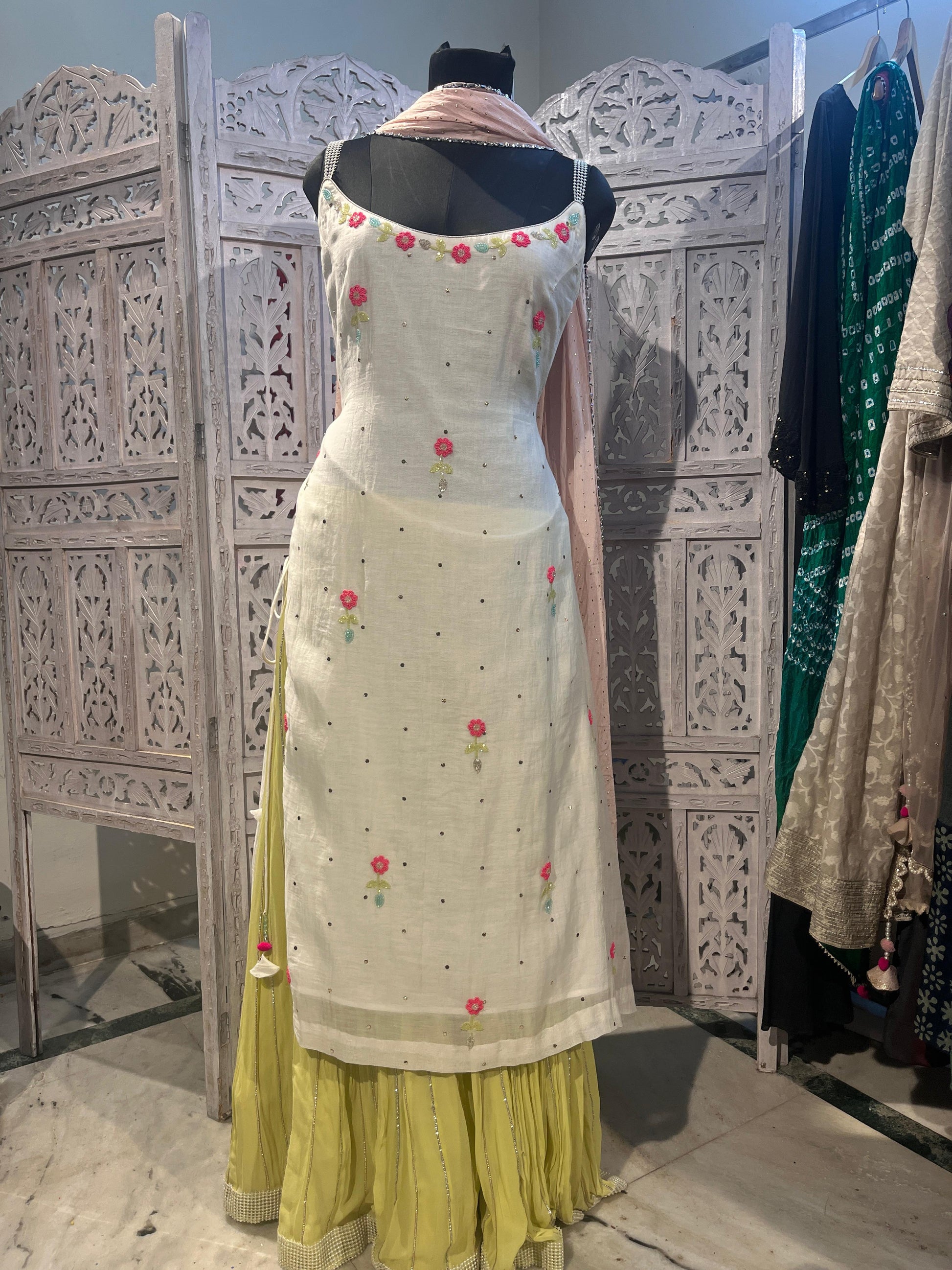 White embroidered dress with mint green georgette skirt